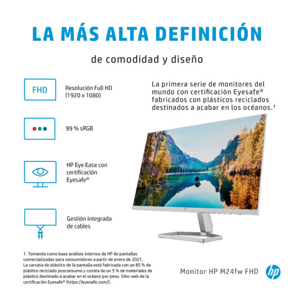 HP M24fw - Monitor LED - 24" (23.8" visible) - 1920 x 1080 Full HD (1080p) @ 75 Hz - IPS - 300 cd/m² - 1000:1 - 5 ms - HDMI, VGA - blanco cerámica, plata (base) - Image 9