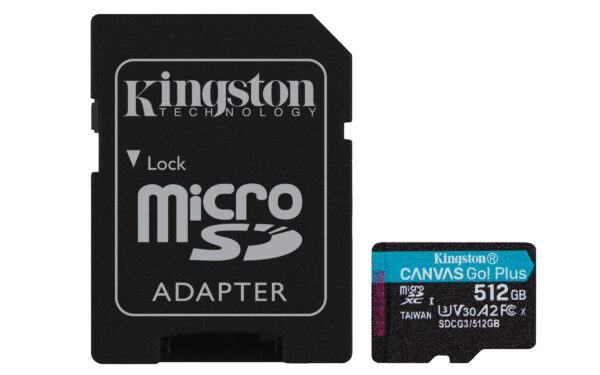 Kingston Canvas Go! Plus - Tarjeta de memoria flash (adaptador microSDXC a SD Incluido) - 512 GB - A2 / Video Class V30 / UHS-I U3 / Class10 - microSDXC UHS-I