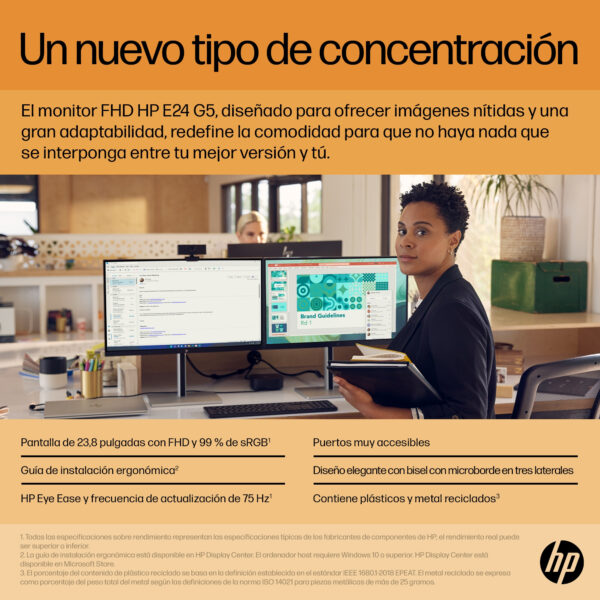HP E24 G5 - E-Series - monitor LED - 23.8" - 1920 x 1080 Full HD (1080p) @ 75 Hz - IPS - 250 cd/m² - 1000:1 - 5 ms - HDMI, DisplayPort - cabezal negro, negro y plateado (soporte) - Imagen 7