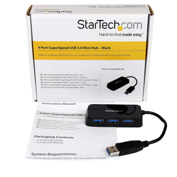 StarTech.com Adaptador Concentrador Hub Ladrón USB 3.0 Super Speed 4 Puertos Salidas Portátil para Ordenador Portátil - Negro (ST4300MINU3B) - Hub - 4 x SuperSpeed USB 3.0 - sobremesa - para P/N: FCREADMICRO3, MSDREADU3CA, USB3S2ESATA3 - Imagen 6