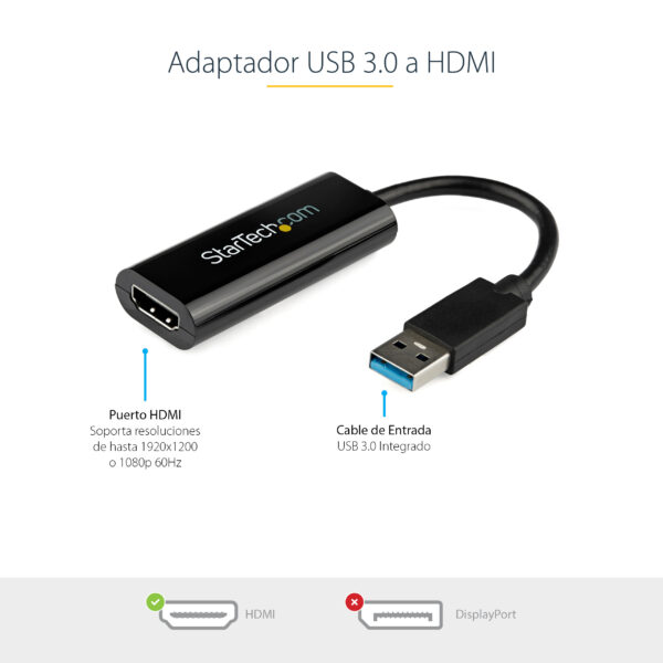 StarTech.com Adaptador Gráfico Conversor USB 3.0 a HDMI - Cable Convertidor Compacto de Vídeo - Cable adaptador - Conforme a la TAA - USB Tipo A macho a HDMI hembra - 19 cm - negro - compatibilidad con 1080p - para P/N: HDDVIMM3, HDMM12, HDMM15, HDMM1MP, HDMM2MP, HDMM3, HDMM3MP, HDMM50A, HDMM6, HDPMM50 - Imagen 6