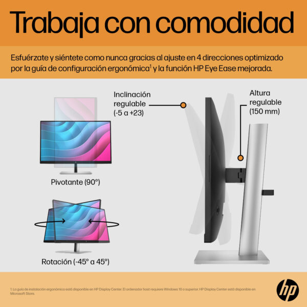 HP E24 G5 - E-Series - monitor LED - 23.8" - 1920 x 1080 Full HD (1080p) @ 75 Hz - IPS - 250 cd/m² - 1000:1 - 5 ms - HDMI, DisplayPort - cabezal negro, negro y plateado (soporte) - Imagen 9