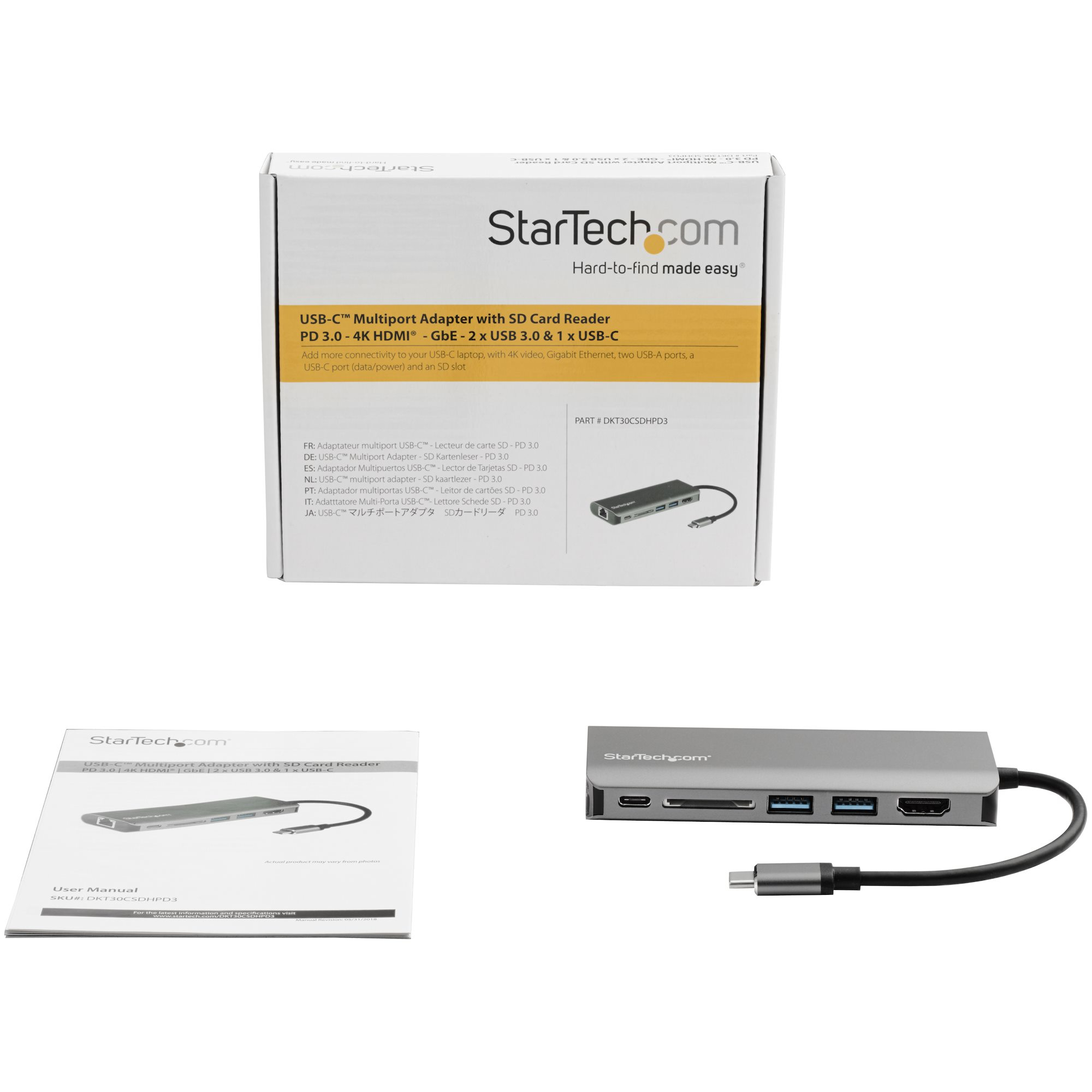 StarTech.com Adaptador Multipuertos con HDMI - 4K - Mac / Windows - Lector de Tarjetas SD - Hub USB C a USB 3.0 - 2x USB-A 1x USB-C PD 3.0 - Versión actualizada del DKT30CSDHPD (DKT30CSDHPD3) - Estación de conexión - USB-C - 1GbE - para P/N: ARMPIVOTE2, FPPNEUSTND, MONSTADQI