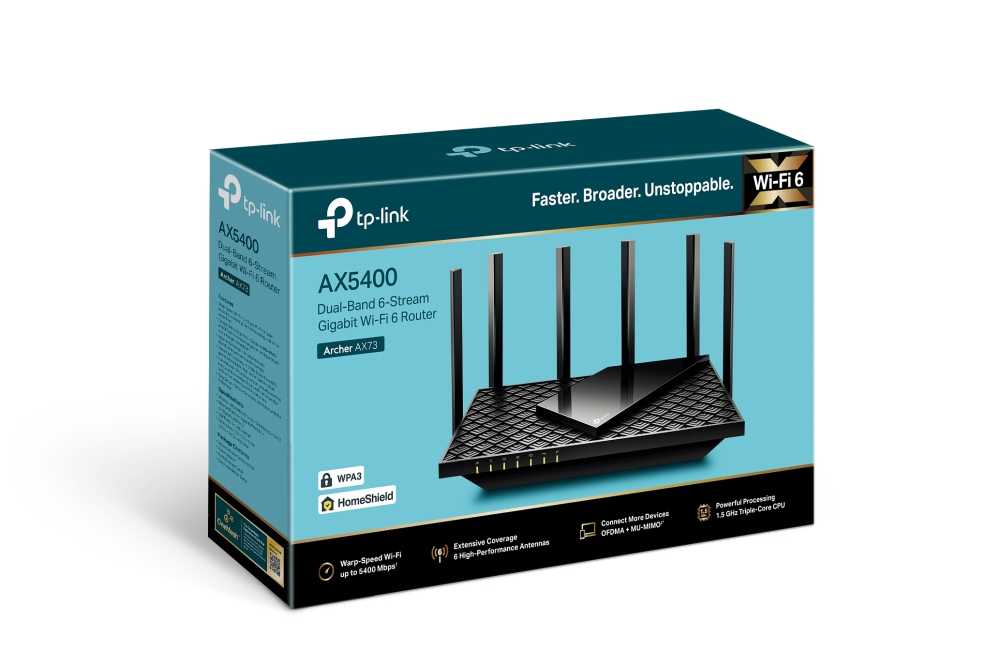 TP-LINK Archer AX73 - V1 - - enrutador inalámbrico - conmutador de 4 puertos - 1GbE - Wi-Fi 6 - Doble banda - hasta 5.4Gbps - Estructura 4T4R y HE160 en la banda 5GHz que permite una conexión ultrarrápida de 4.8 Gbps - 6 potentes antenas - Entrada USB 3.0